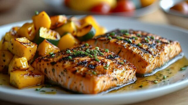 Grilled salmon with roasted vegetables, healthy restaurant meal, close-up food photography, for recipe websites or restaurant menus