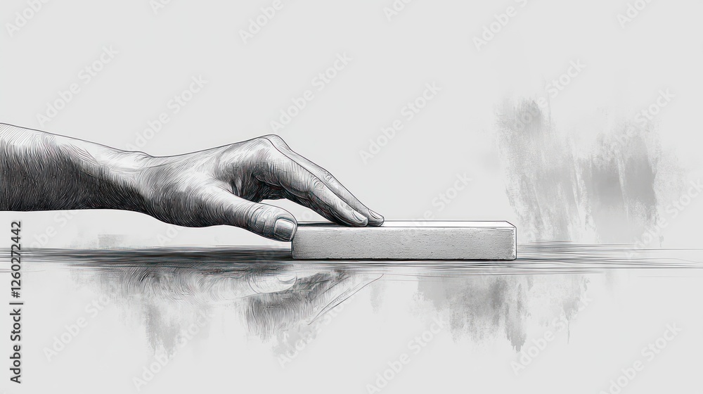 Poster hand placing rectangular object on reflective surface, blurred background, minimalist design
