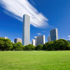 Obraz premium Modern City Skyline with Tall Buildings under Clear Blue Sky and Lush Green Park