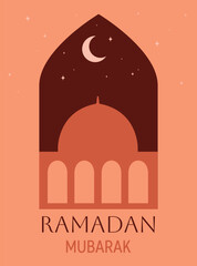 Islamic window card with mosque view in boho style. Poster in oriental style with modern design. Arabic muslim frame for Ramadan Mubarak