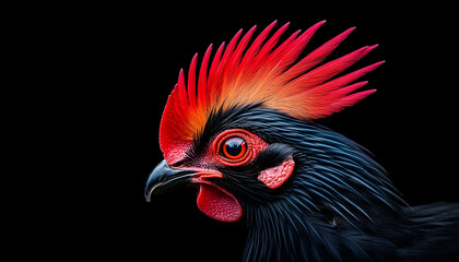 Rooster profile with spiky red comb, against black background for farm or wildlife use