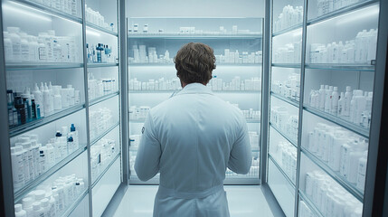 Fototapeta premium Person views shelves of medicine in a sterile lab or pharmacy setting. Back view of researcher or pharmacist assessing inventory in minimalist setting.