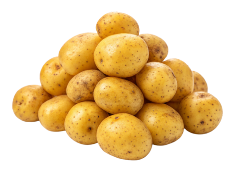 A tidy pile of small, round yellow and brown potatoes with numerous tiny spots on their skin, isolated on a white background. Perfect for food, cooking, or healthy lifestyle designs. 