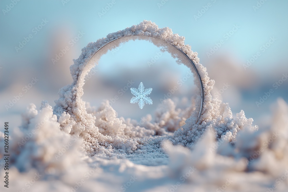 Poster a delicate ice-blue snowflake gently melts onto a mirror's surface, creating a portal that reflects 