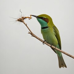 Obraz premium A green bee-eater catching an insect, pure white background.