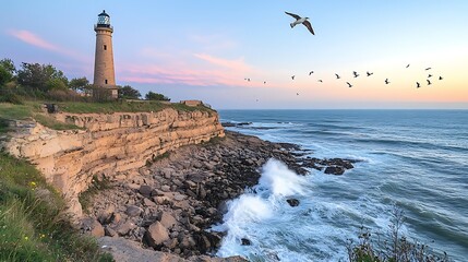 Obraz premium Coastal Lighthouse Sunset, Birds Flying, Ocean Waves