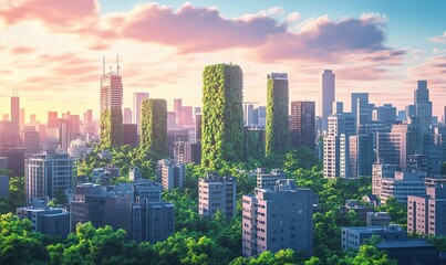 Fototapeta premium Green skyscrapers at sunrise in a sustainable city with lush trees, ideal for eco-friendly urban concepts