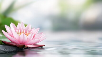  a pink water lily floating on top of a rock in the water, surrounded by lush green leaves The background is slightly blurred, giving the image a dreamy feel