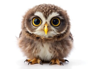 Obraz premium Adorable Baby Owl with Big Round Eyes on white Background