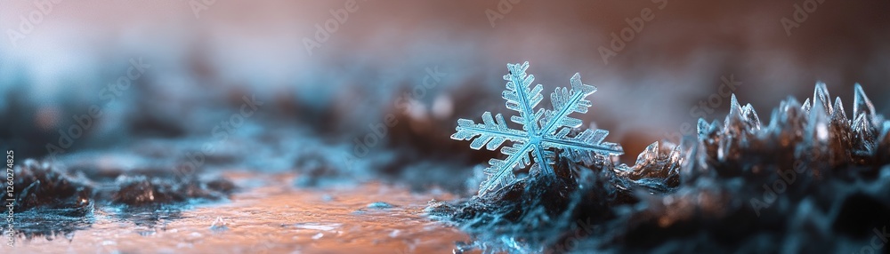 Poster a fragile ice-blue snowflake gently melts onto a mirror-like surface, creating a shimmering reflecti