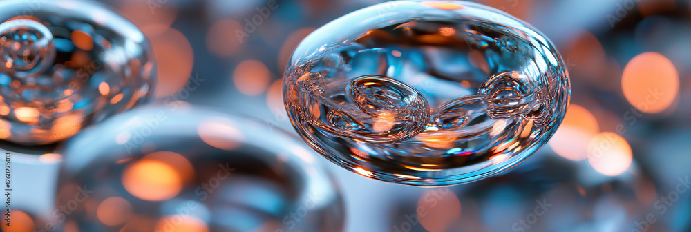 Poster image of translucent spheres with internal structures and bokeh background