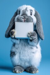 Adorable Lop-Eared Rabbit Holding a Blank Box Against a Blue Background