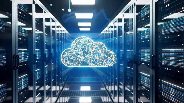 A high-tech data center showcases cloud computing visualization through dynamic graphics and digital connections, emphasizing advanced technology and networking.