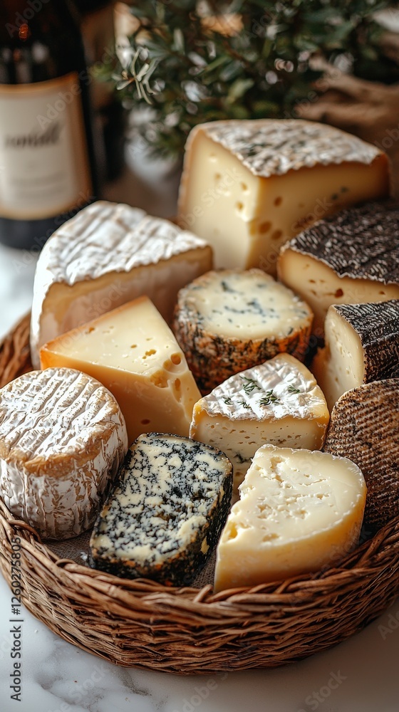 Poster an exquisite arrangement of artisan cheeses thoughtfully displayed, showcasing a blend of textures a