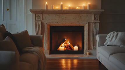 Cozy living room with a fireplace burning logs and lit candles on the mantelpiece, creating a warm and inviting ambiance.