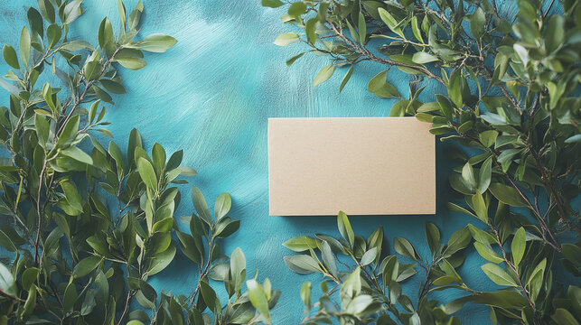 Minimalist card on teal background, surrounded by vibrant greenery. Fresh, natural, and inviting presentation for personalized messages.