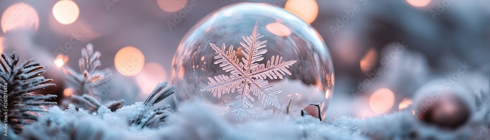 Poster a perfectly formed snowflake hangs inside a transparent sphere, its edges softly glowing. surroundin