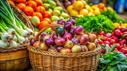 A candid shot:  High-res image showcasing a rustic basket brimming with fresh onions and colorful market vegetables.