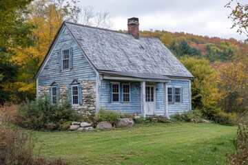 Obraz premium Quaint blue farmhouse nestled in autumn foliage.