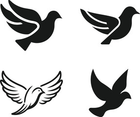 Four Simple Black and White Pigeon Silhouettes in Flight