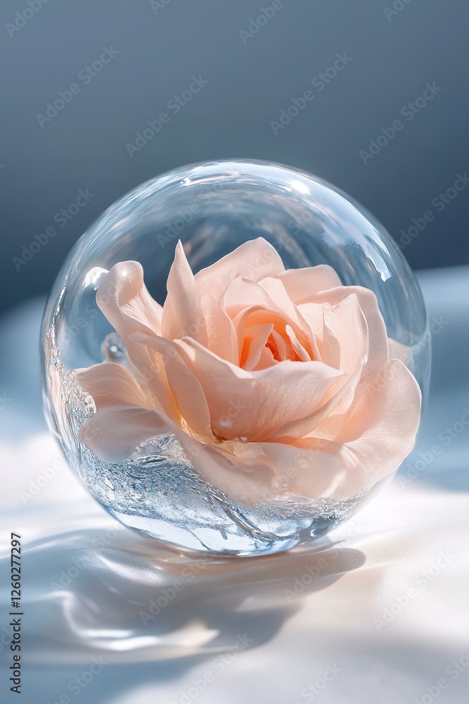 Poster a soft pink rose rests within a transparent glass sphere, gently illuminated, showcasing hyper-reali