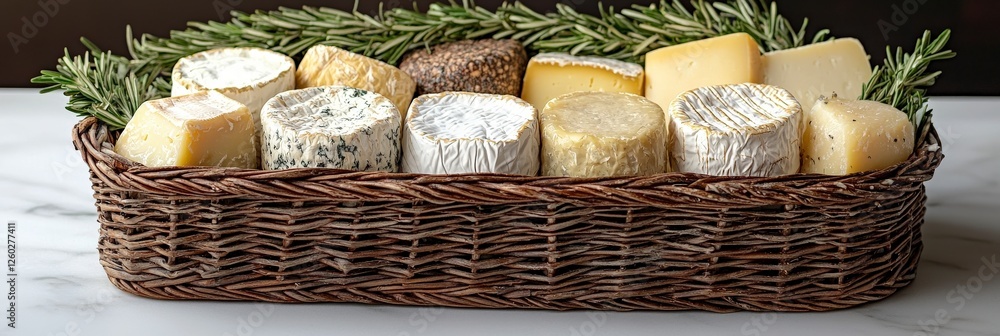 Poster an inviting display of assorted cheeses complemented by fresh herbs in a rustic woven basket, creati