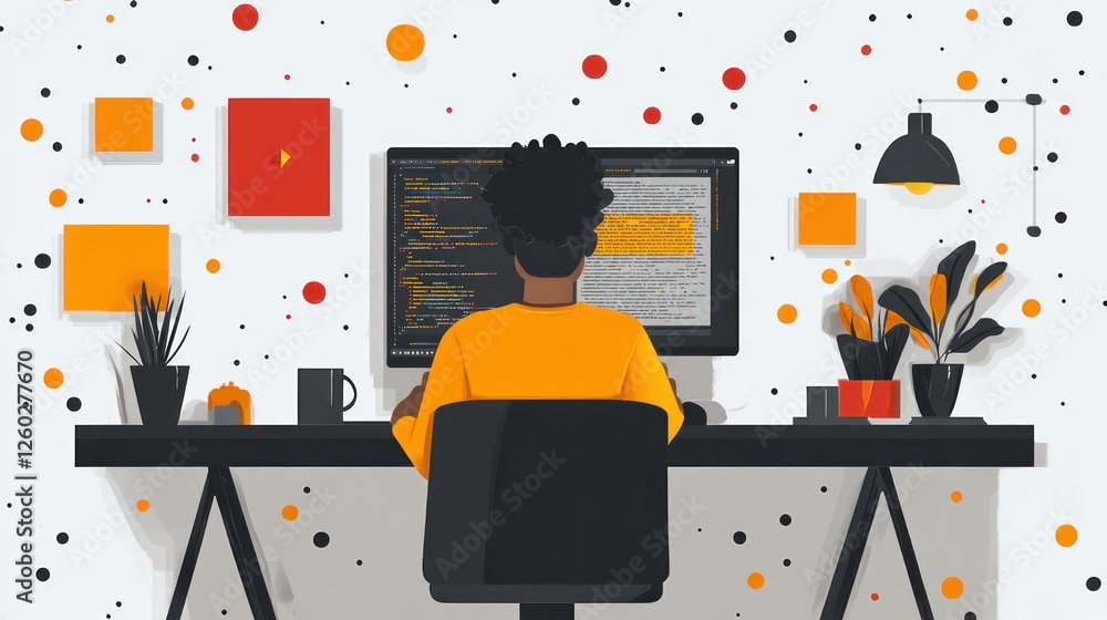 Poster programmer coding at desk, colorful office, design background