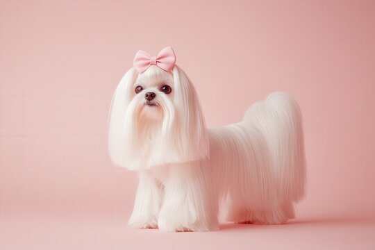 Professional photo of a groomed Maltese dog with silky, flowing fur and a small pink bow on its head, standing on a light pastel pink background -