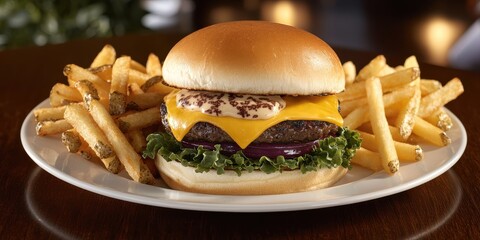 A delicious cheeseburger with melted cheddar, fresh lettuce, onions, and crispy fries on a white plate.