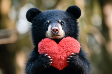 Obraz premium Promotion animal idea. Cute himalayan black bear baby with fluffy red heart on in a natural habitat. Himalayan black bear - my treasured animal. Love-filled nature shot. Wildlife romance.