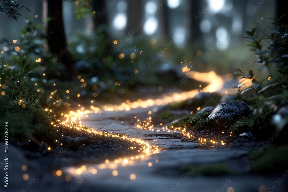 Poster soft trails of golden light flow gently through the forest, illuminating the tranquil paths and surr