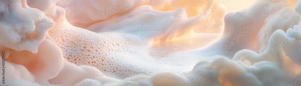 Poster a surreal river of flowing milk weaves gently through a pastel cloudscape, bathed in soft golden lig