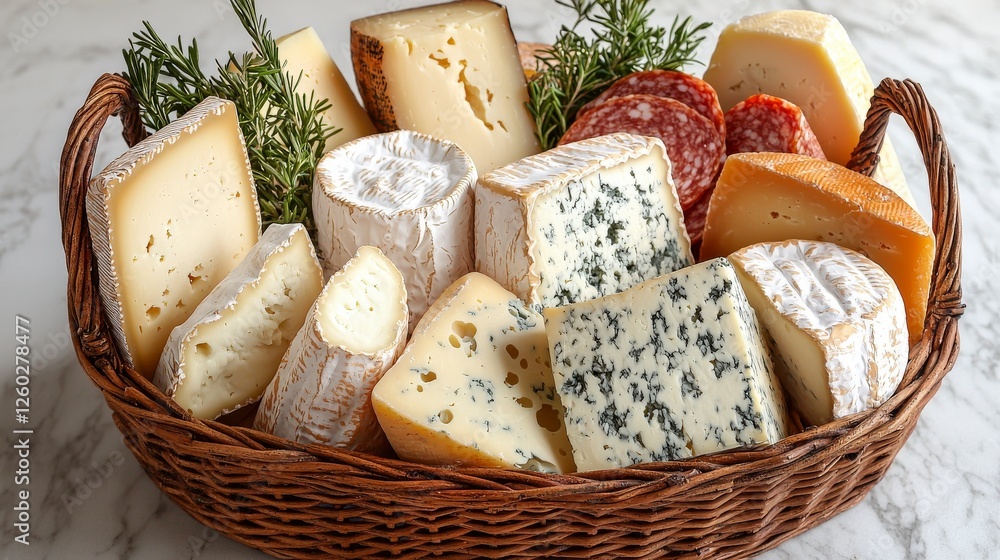 Poster an artistic arrangement of assorted cheeses arranged creatively with colorful accents, creating a vi
