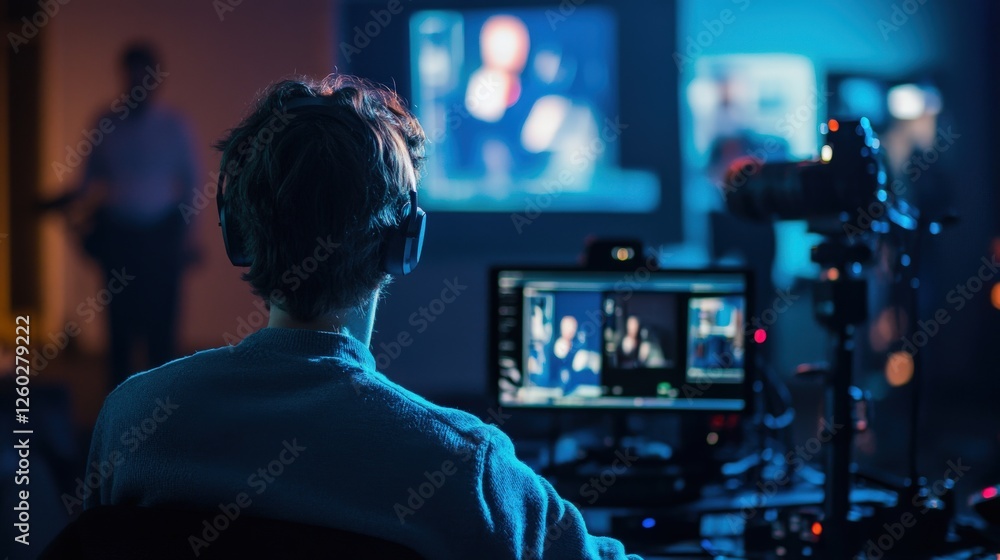 Poster young man editing video in modern studio with computer setup