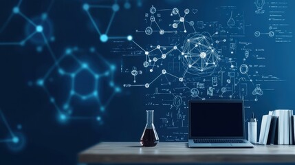 Modern Workspace with Laptop and Scientific Graphics on Blue Background