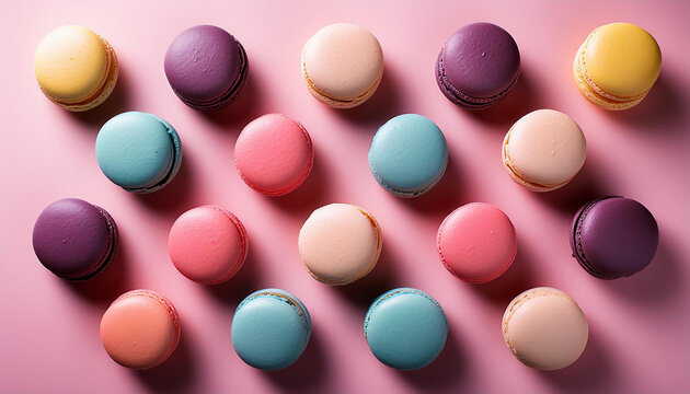 colorful macaroons on a pink background, top view