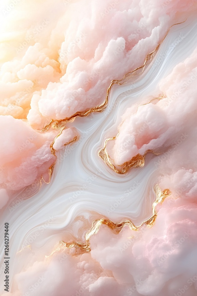 Poster a gentle river of white flows through fluffy, pastel clouds, illuminated by warm golden light filter