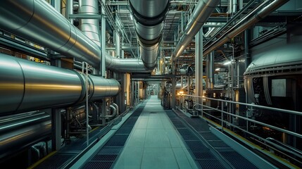 Obraz premium Intricate network of industrial pipelines valves and equipment in a large factory or manufacturing facility Showcasing the complex infrastructure and systems used in industrial production processing
