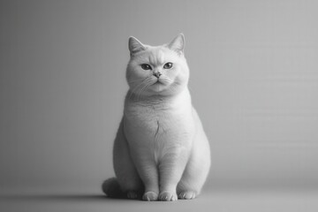 Obraz premium Professional photo of a sleek British Shorthair cat with a smooth, polished coat sitting on a soft gray background, giving an elegant advertising aesthetic