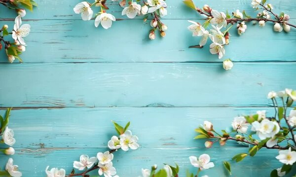 cherry blossom on a blue wooden table background