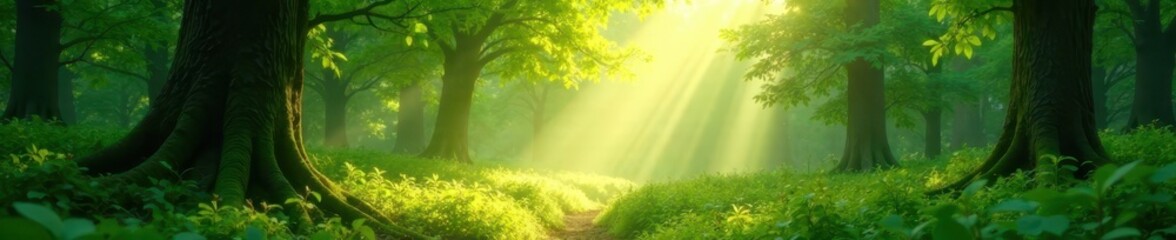 Fototapeta premium Sunbeams dapple vibrant green canopy, magical forest light , woodland, stock, forest