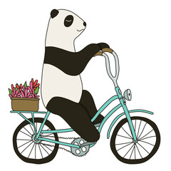 Cute Panda Riding a Bike with a Basket of Flowers