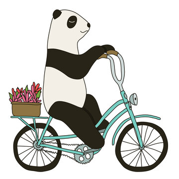 Cute Panda Riding a Bike with a Basket of Flowers