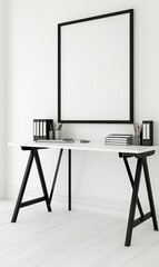 Minimalist home office desk with blank frame mockup, stationery, laptop
