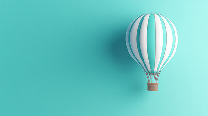 Obraz premium A bright hot air balloon with white and light blue stripes is casting a shadow on the light blue background.