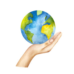 Human palm, hand with planet earth. Watercolor hand drawn illustration isolated on background. Agriculture, organic gardening, planting or ecology, awareness. Environmental, earth day. For designers