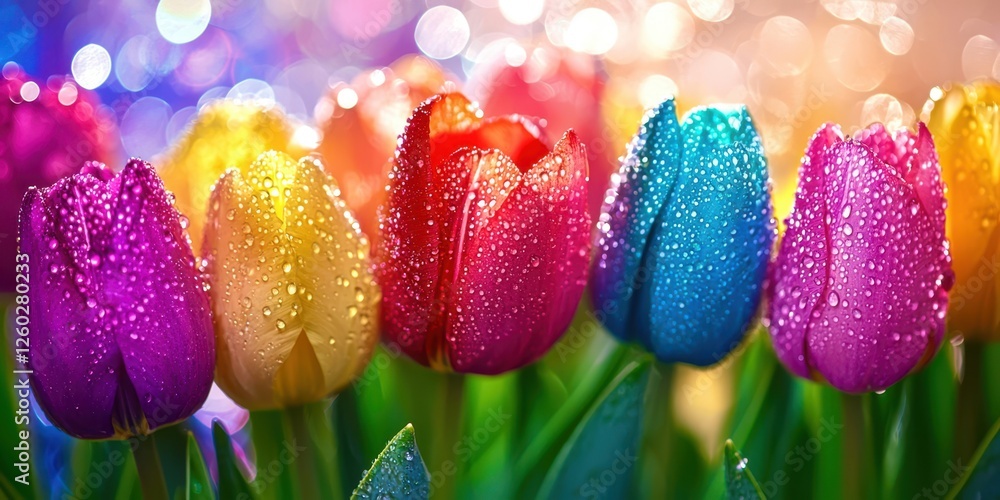 Poster row of colorful flowers with droplets of water on them