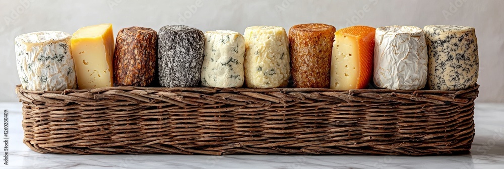 Poster a distinctive collection of various cheeses presented in a stylish manner, perfect for elevating tas