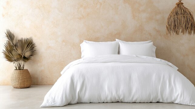 White linen bedding in boho bedroom
