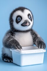 Adorable Baby Penguin Chick with White Container